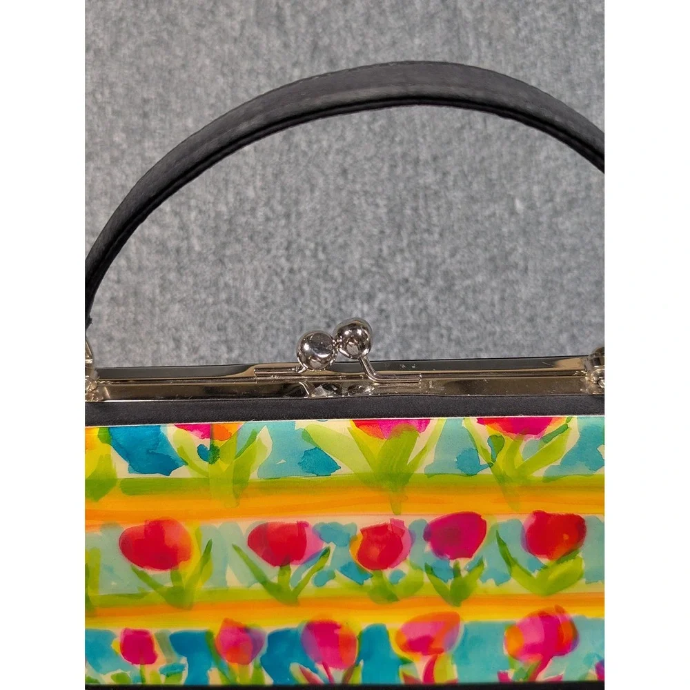 Angela Frascone Floral Tulip Kiss Lock Frame Bag Black Watercolor Top Handle
